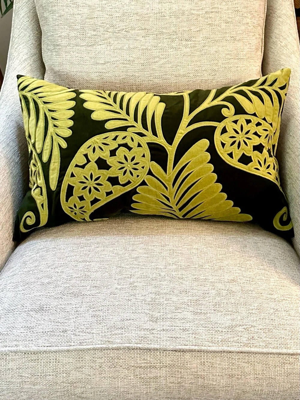 Pottery Barn Green Velvet Botanical Lumbar Pillow Cover 16 x 26